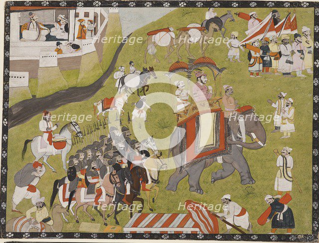 Procession of a Raja on elephant with armed escort and retainers, late 19th century. Artist: Unknown.