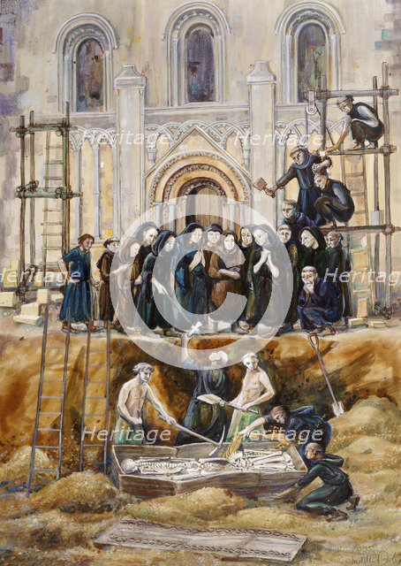 Exhumation of Arthur and Guinivere at Glastonbury Abbey, Somerset, 1193 (2010). Artist: Judith Dobie.