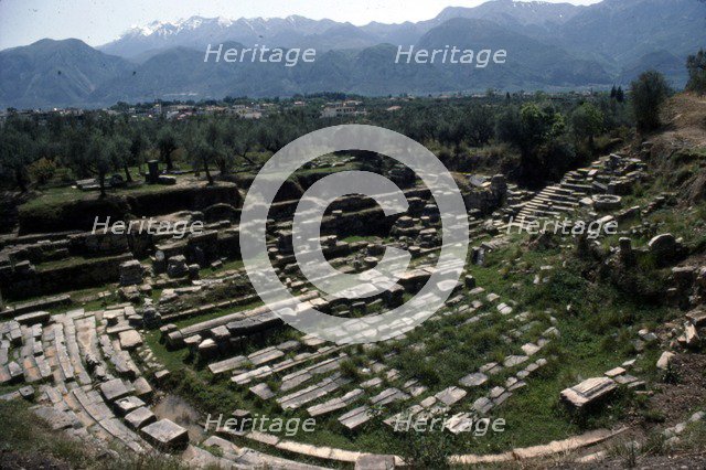 Theatre of ancient Sparta (Lakedaimon) with Mt Taygetus beyond, c20th century.  Artist: CM Dixon.