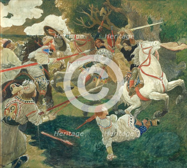 A Battle. A scene from Russian history, 1900-1910. Artist: Shavrin, Fyodor Vladimirovich (1880-1915)