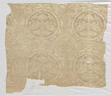Silk fragment with confronted animal medallions and kufic bands, 1480-1649. Creator: Unknown.