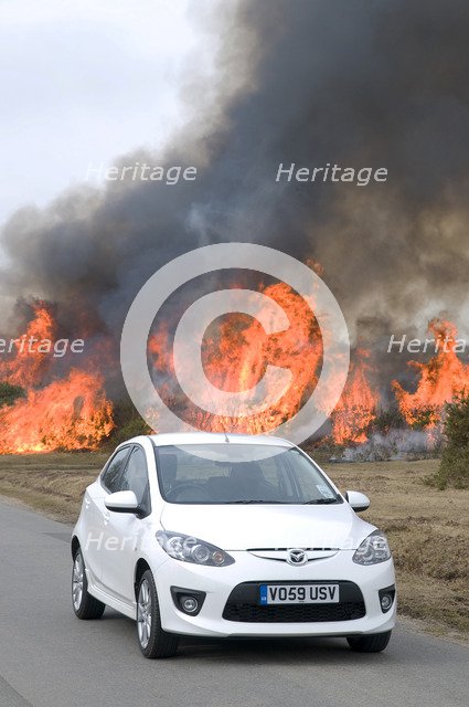 2010 Mazda 2 Sport, controlled burning in New Forest Artist: Unknown.