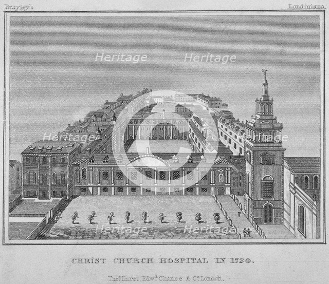 Bird's-eye view of Christ's Hospital as it was in 1720, City of London, 1829. Artist: Anon