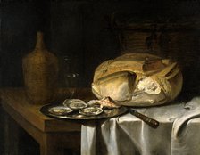 Still Life with a Loaf of Bread, Oysters and a Flask, c17th century. Creator: Unknown.