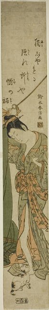 Beauty Looking Down at a Cat while Fixing a Mosquito Net, c. 1760/63. Creator: Suzuki Harunobu.