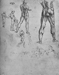 'Studies of Nude Soldier with Sword and Smaller Sketches', c1480 (1945). Artist: Leonardo da Vinci.