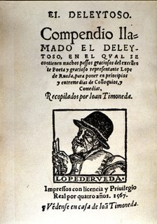 Cover of the edition of 'El deleytoso' by Lope de Rueda, printed in Valencia, 1567 by Joan Timoneda.