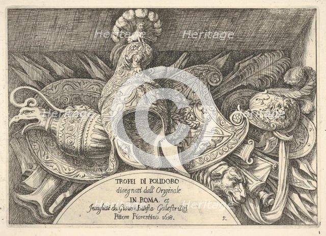 Plate 5: trophies of Roman arms from decorations above the windows on the second floor of ..., 1658. Creator: Giovanni Battista Galestruzzi.