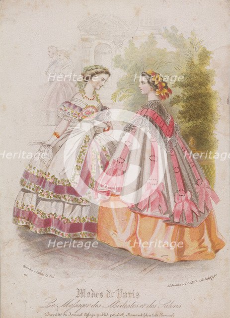 Two women wearing the latest fashions, 1859. Artist: Anon