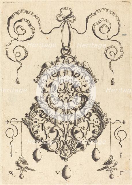 Strapwork Pendant with Two Birds as Earrings at Left and Right. Creator: Daniel Mignot.