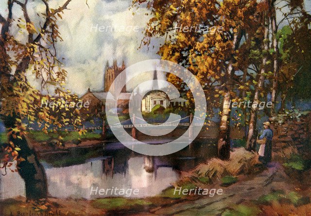 Hereford Cathedral, from the river walk, Herefordshire, 1924-1926.Artist: Louis Burleigh Bruhl