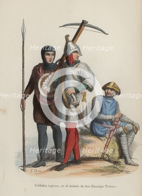 British soldiers, during the reign of Henry III, squire, crossbowman and infantry soldier, engrav…
