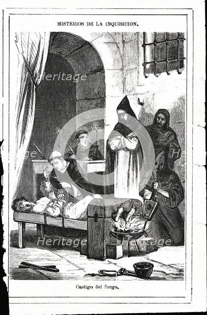 Dungeons of the Inquisition, scene of confession by torture of fire in the feet, engraving, 1880.