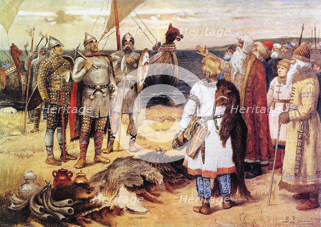 The Invitation of the Varangians: Rurik and his brothers arrive in Staraya Ladoga, before 1912. Artist: Vasnetsov, Viktor Mikhaylovich (1848-1926)