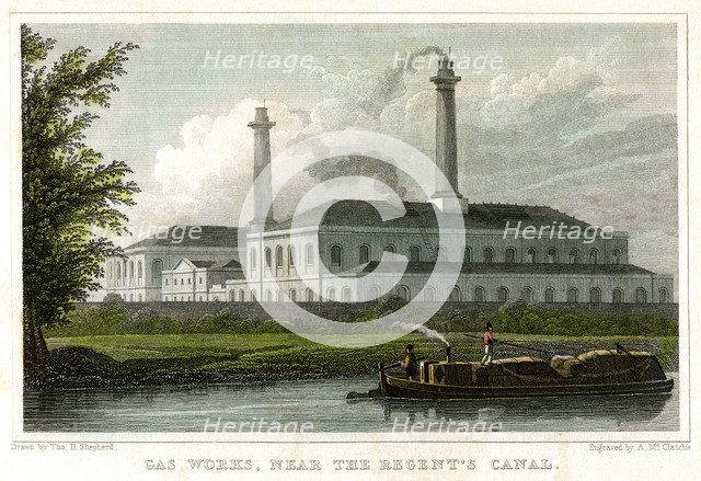 Gasworks by the Regent's Canal, London, c1830.Artist: A McClatchie