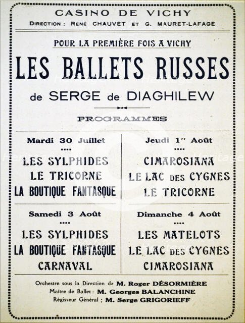 Affiche des Ballets russes du 30 juillet au 4 août 1929 à l'Opéra de Vichy, 1929. Creator: Historic Object.