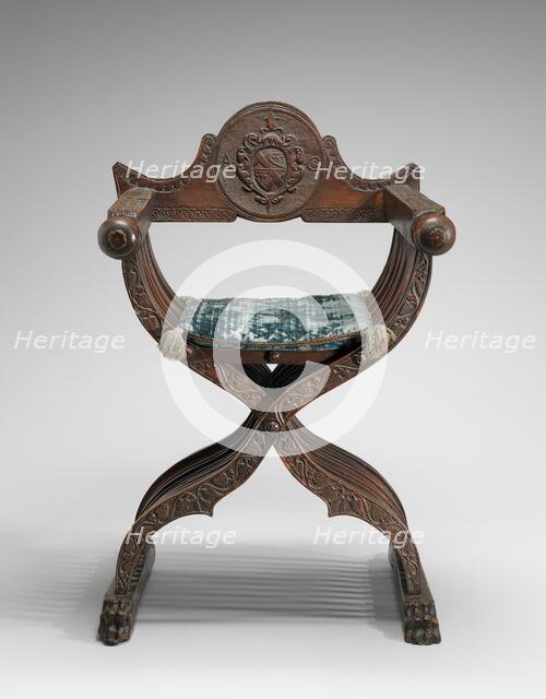 Walnut Savonarola Chair with Letters A.G., c. 1520/1540. Creator: Unknown.