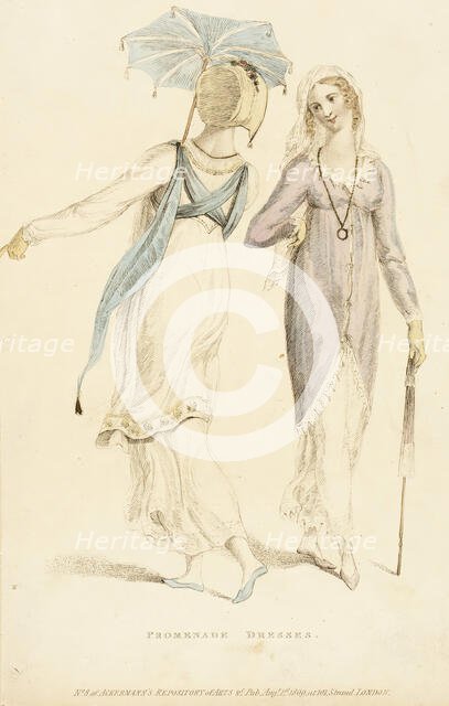 Fashion Plate (Promenade Dresses), 1809. Creator: Rudolph Ackermann.