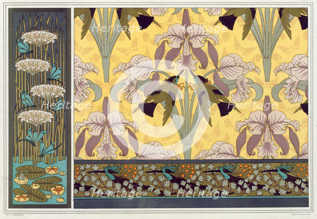 Design for wallpaper border, fabric and panel: "Dragonflies; Waterlillies and Flowering Rush", pub.  Creator: Maurice Pillard Verneuil (1869?1942).