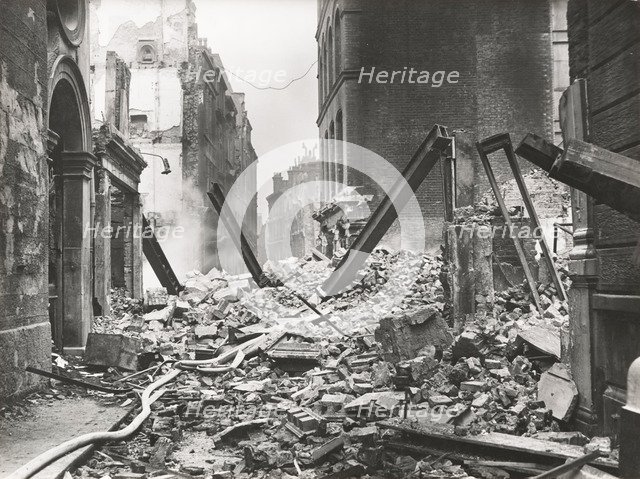 View looking south down Walbrook after an air raid, City of London, World War II, 1941. Artists: Arthur Cross, Fred Tibbs
