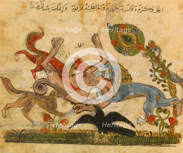 Lion beats a camel, Kalila Wo-Dimna, Arabic-Spanish fairy tale book, 13th century.
 Creator: Unknown.