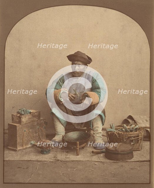 [Chinese Man Sitting with Tools], 1870s. Creator: Unknown.