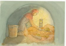 A medieval gongfermour, or gong farmer, at work, 2004. Creator: Judith Dobie.