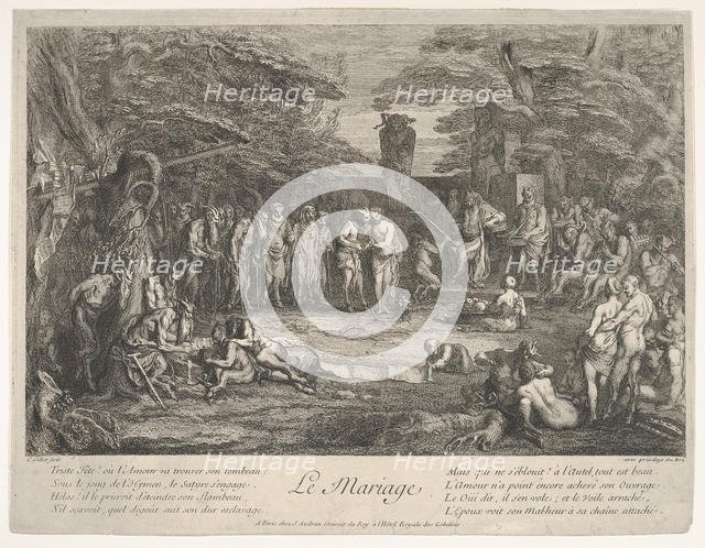 The Marriage (Le Mariage): in a forest, an old satyr marries the betrothed in cen..., ca. 1700-1720. Creator: Claude Gillot.