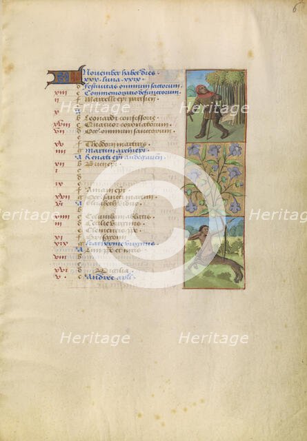 November Calendar Page; Gathering Acorns for Pigs; Sagittarius; Katherine Hours, about 1480-1485. Creator: Unknown.
