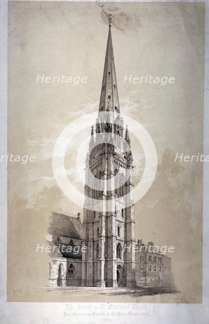 Tower of the Church of St Matthew, Great Peter Street, Westminster, London, 1850. Artist: Day & Son