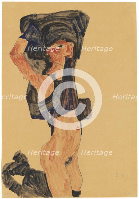 Kneeling Girl Pulling Her Skirt Over Her Head, 1910. Creator: Schiele, Egon (1890-1918).