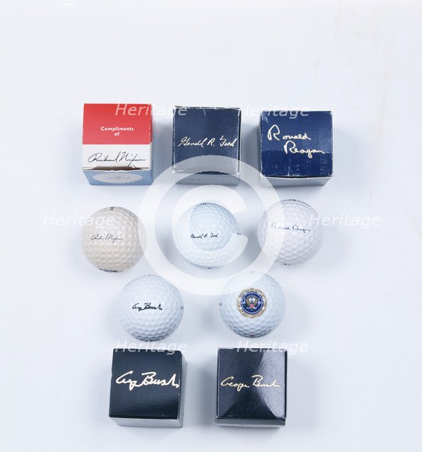 Presidential golf balls and boxes, 1970-92. Artist: Unknown