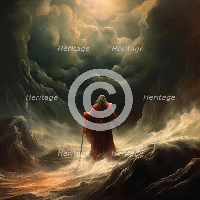 AI IMAGE - Illustration of Moses parting the Red Sea, 2023. Creator: Heritage Images.