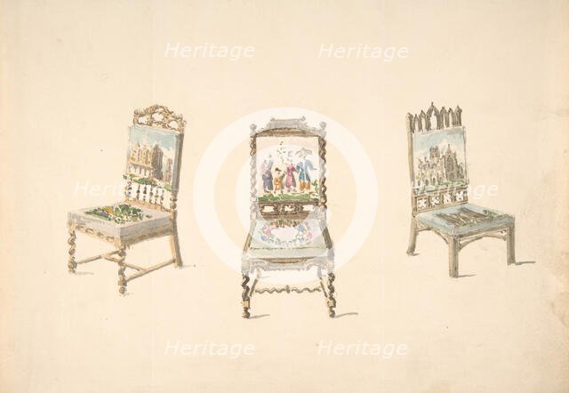 Design for Three Chairs with Pictorial Upholstery, early 19th century. Creator: Anon.