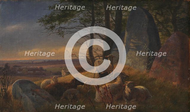 Evening Scene with Sheep on a Mound, 1845. Creator: Johan Thomas Lundbye.