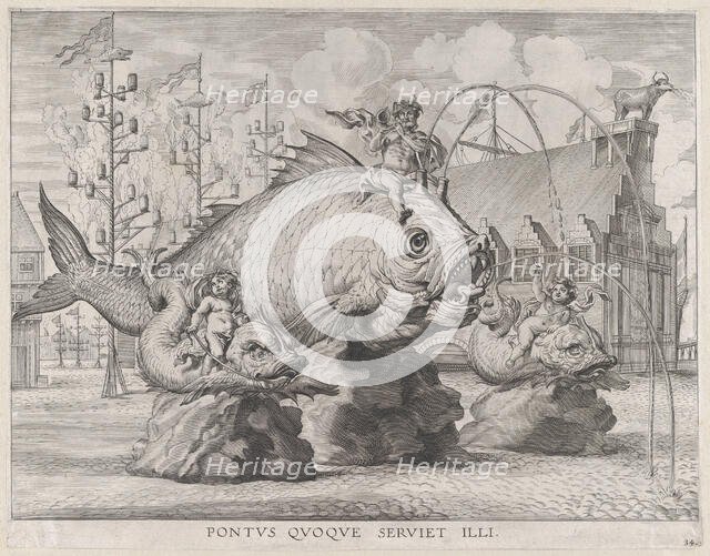Plate 34: King Ferdinand as Neptune, seated on a whale at center, with putti atop two smal..., 1636. Creators: Jacob Neeffs, Johannes Meursius, Willem van der Beke.