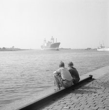 Two boys watching shipping in the harbour of Landskrona, Sweden, 1956. Artist: Unknown