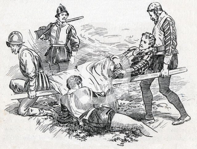 'Sir Philip Sidney on the Battlefield of Zutphen', c1900. Creator: Howard Davie.