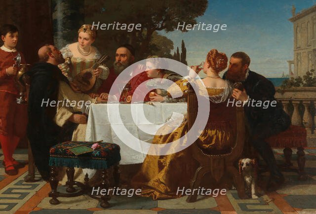 A Banquet - Sebastiano del Piombo and Jacopo Strada visits Titian in Venice, 1862. Creator: Kraus, Friedrich (1826-1894).