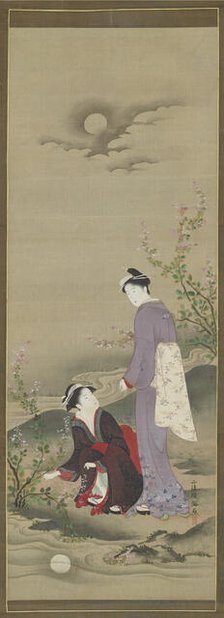 Autumn: Two women gazing at the reflection of the moon, early 19th century. Creator: Kubo Shunman.