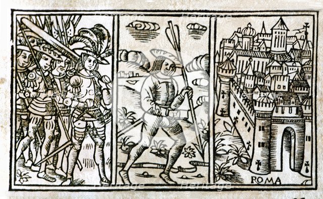 Pharsalia', historical epic story, engraving in the beginning of Book III of the printed edition …