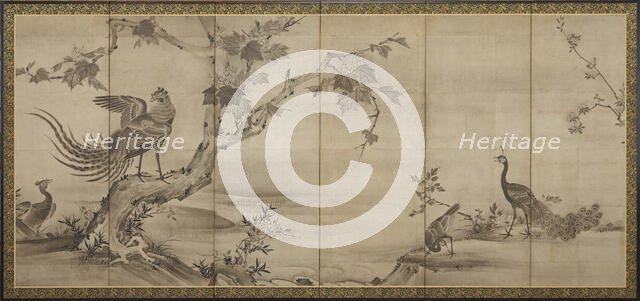 Birds, flowers, and trees: on the back, bamboo trees, Momoyama period, 1568-1615. Creator: Unknown.