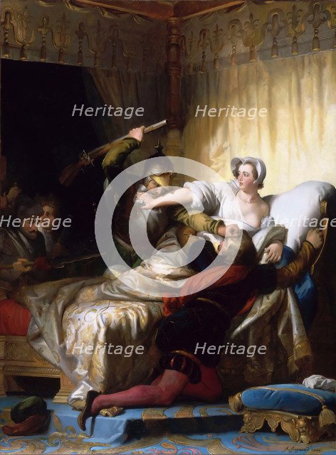 Scene in the bedroom of Marguerite de Valois during the St. Bartholomew's Day massacre, 1836.