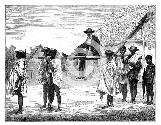 African natives carrying a white man, Africa, 19th century.Artist: Gerome Staal