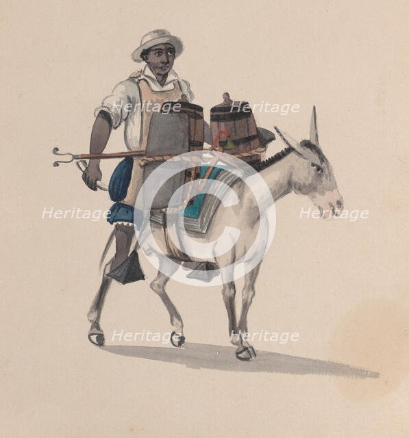 A watercarrier riding a donkey, from a group of drawings depicting Peruvian costume, ca. 1848. Creator: Attributed to Francisco (Pancho) Fierro.