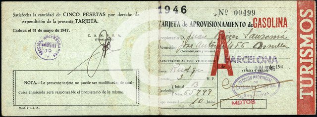 Gasoline rationing card. Barcelona, 1946.
