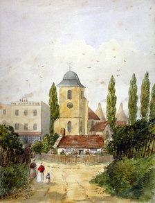 St Pancras Old Church and the Adam and Eve Tavern, London, 1830.                           Artist: EH Dixon