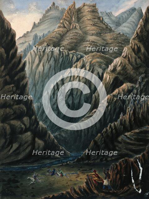 Shooting skirmish below mountains, Afghanistan. Creator: Unknown.