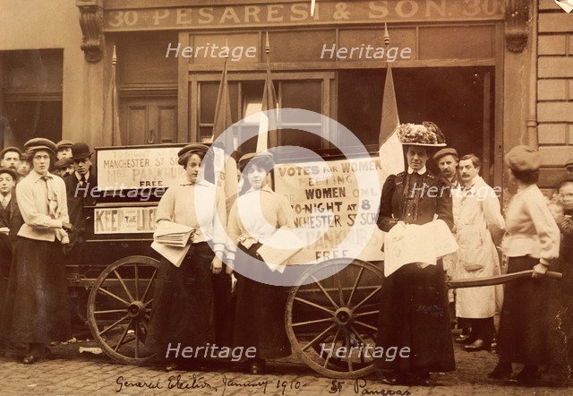 Suffragettes advertising a talk by Emmeline Pankhurst, St Pancras, London, 1910. Artist: Unknown