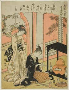 Night Rain of the Tea Stand, from the series "Eight Scenes of the Parlor (Zashiki hakkei)", c. 1777. Creator: Torii Kiyonaga.